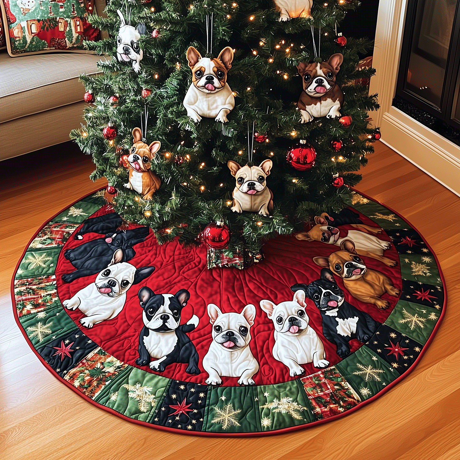 Christmas With Frenchies Quilted Christmas Tree Skirt Classic Red and White Tree Skirt for Traditional Decor