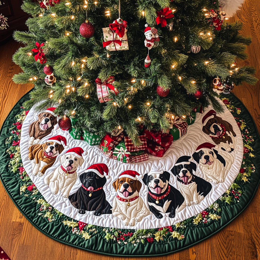 Christmas With Pitbull Christmas Quilted Tree Skirt Xmas Under Tree Decoration Seasonal Tree Area Decoration