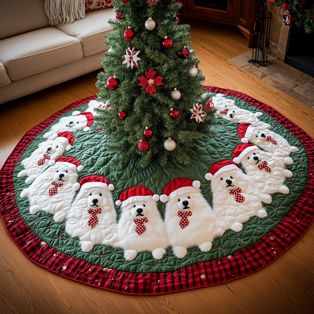 Christmas With Samoyed Christmas Quilted Tree Skirt Merry And Bright Holiday Decor Classic Christmas Home Decor