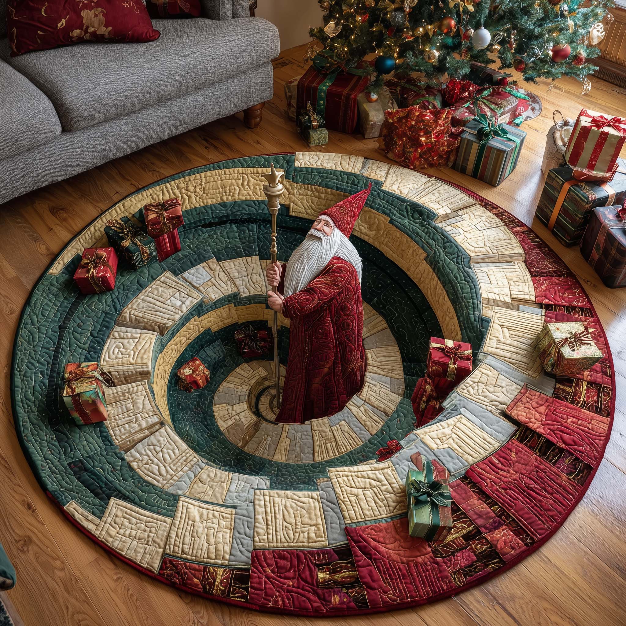 Christmas Wizard Spiral Quilted Round Mat Handcrafted Quilted Round Mat for Special Touch