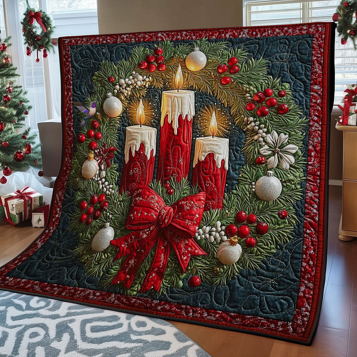Christmas Wreath Candle Quilt Blanket Christmas Throw Blanket Meaningful Gifts For Family