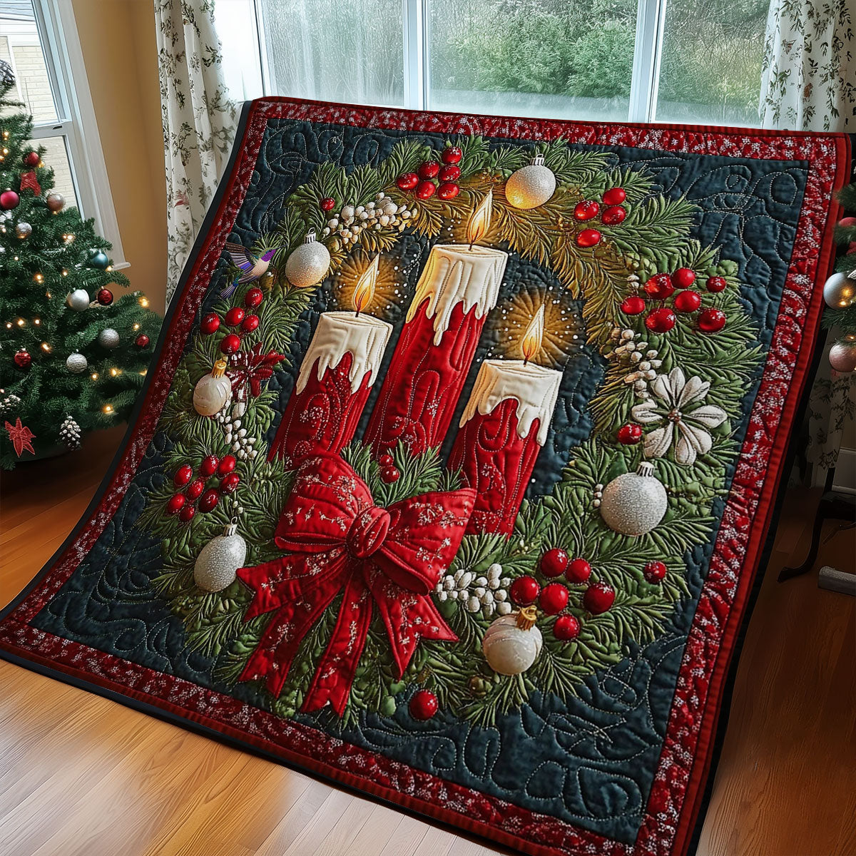 Christmas Wreath Candle Quilt Blanket Christmas Throw Blanket Meaningful Gifts For Family