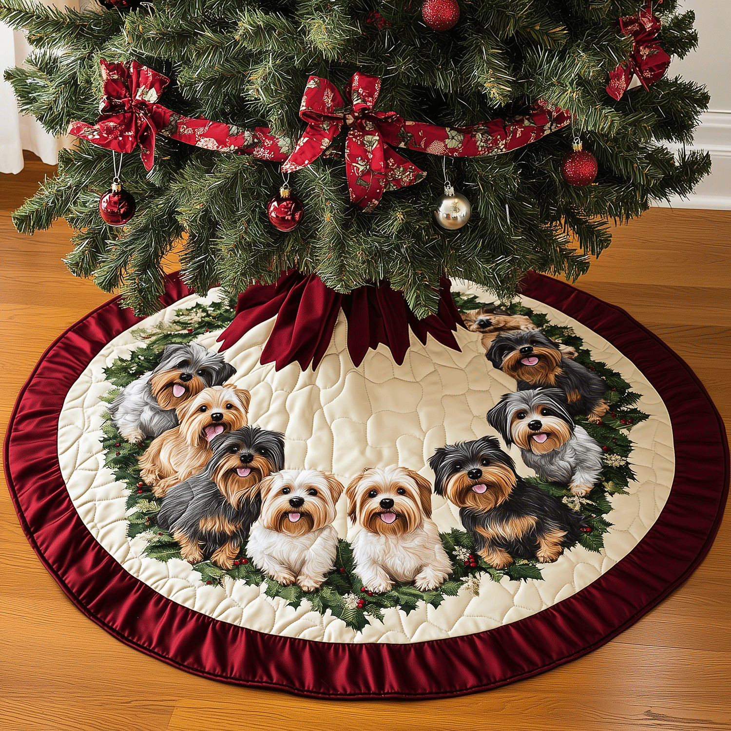 Christmas Yorkie Delight Quilted Christmas Tree Skirt Custom Christmas Tree Skirt Merch for Your Family