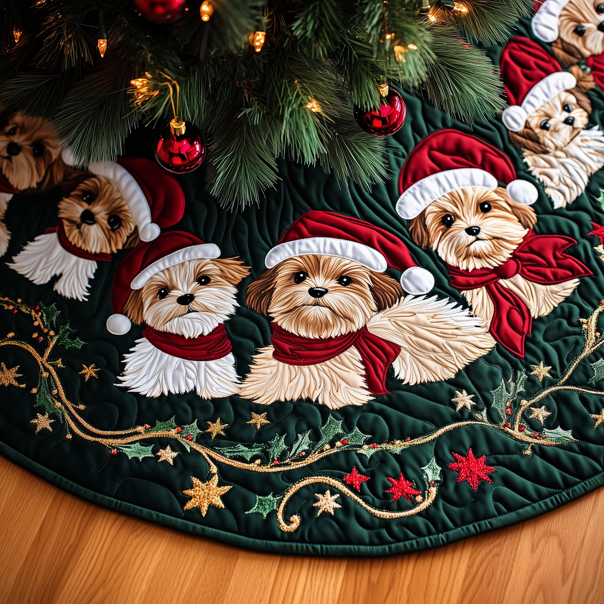 Christmas Yorkie Quilted Tree Skirt Xmas Tree Base Cover Christmas Gifts For Yorkshire Terrier Lovers