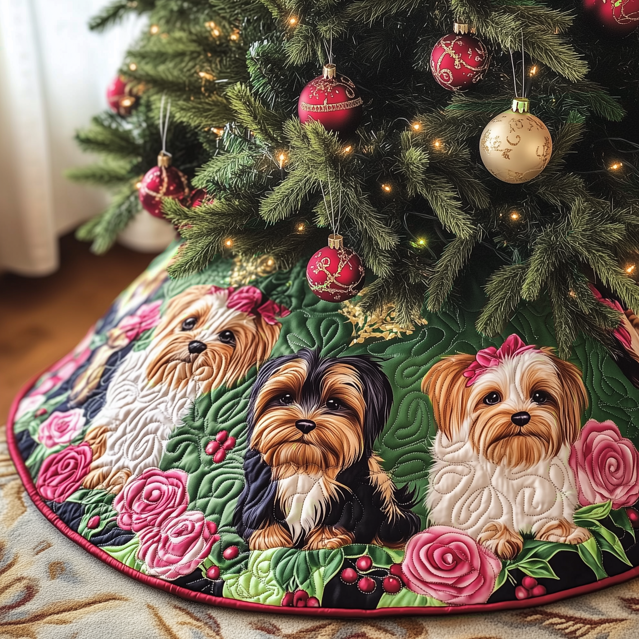 Christmas Yorkshire Terrier Quilted Tree Skirt Indoor Christmas Tre  Decorations Yorkshire Terrier Merchandise