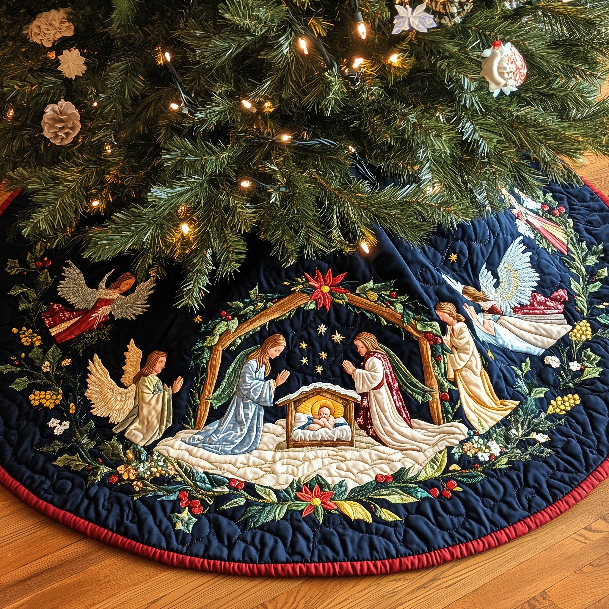 Christ's Arrival Quilted Tree Skirt Indoor Xmas Tree Decorations Nativity Scene Home Decorations