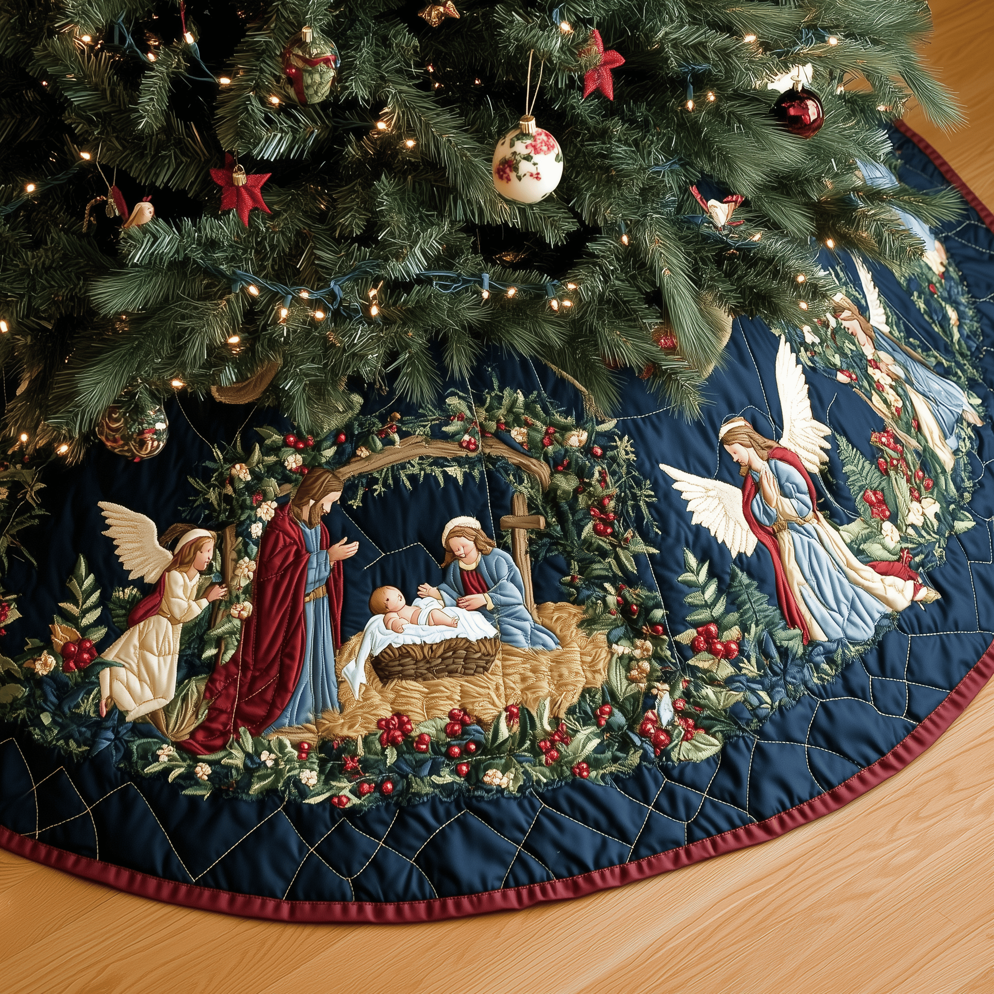 Christ's Arrival Quilted Tree Skirt Indoor Xmas Tree Decorations Nativity Scene Home Decorations