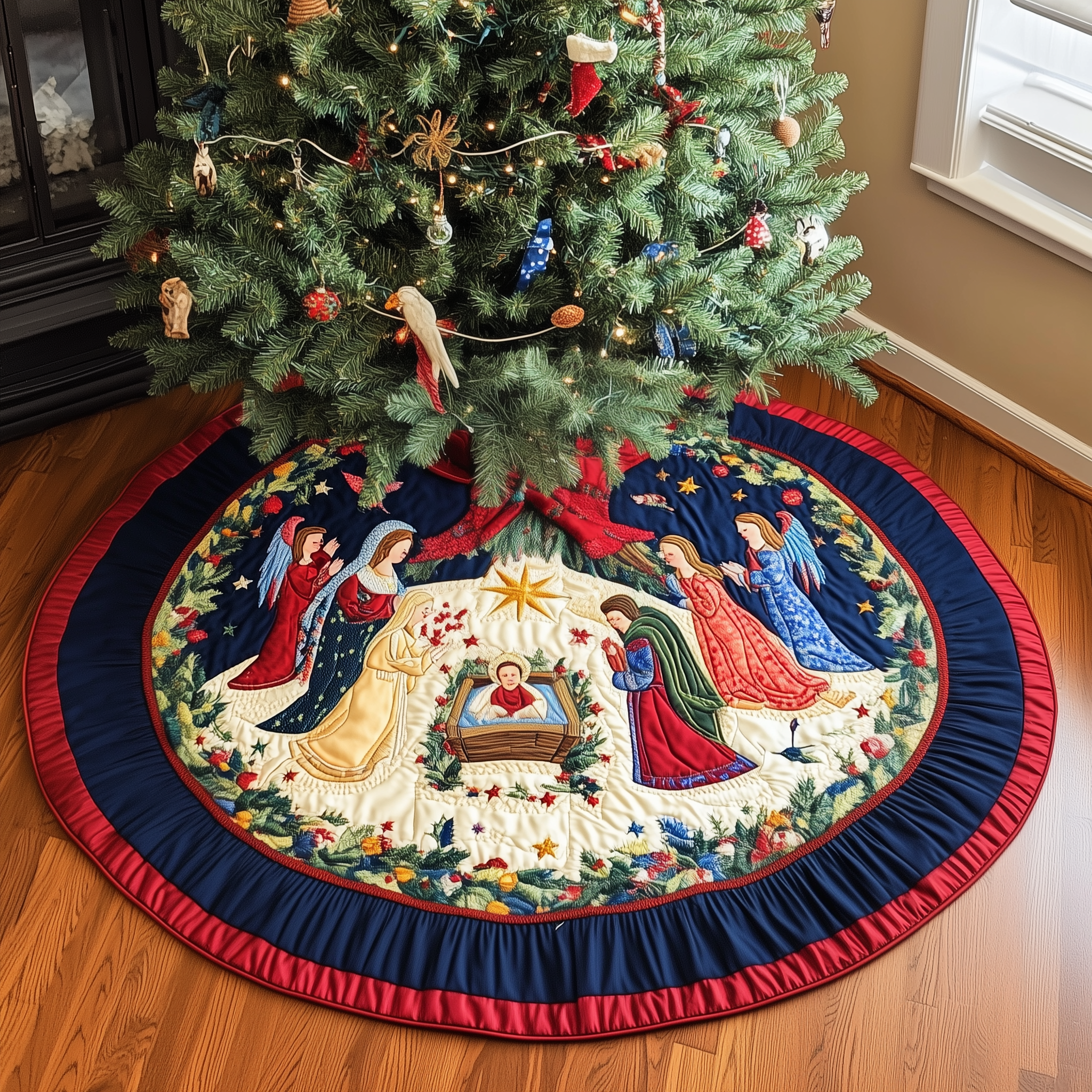 Christ's Arrival Quilted Tree Skirt Indoor Xmas Tree Decorations Nativity Scene Home Decorations