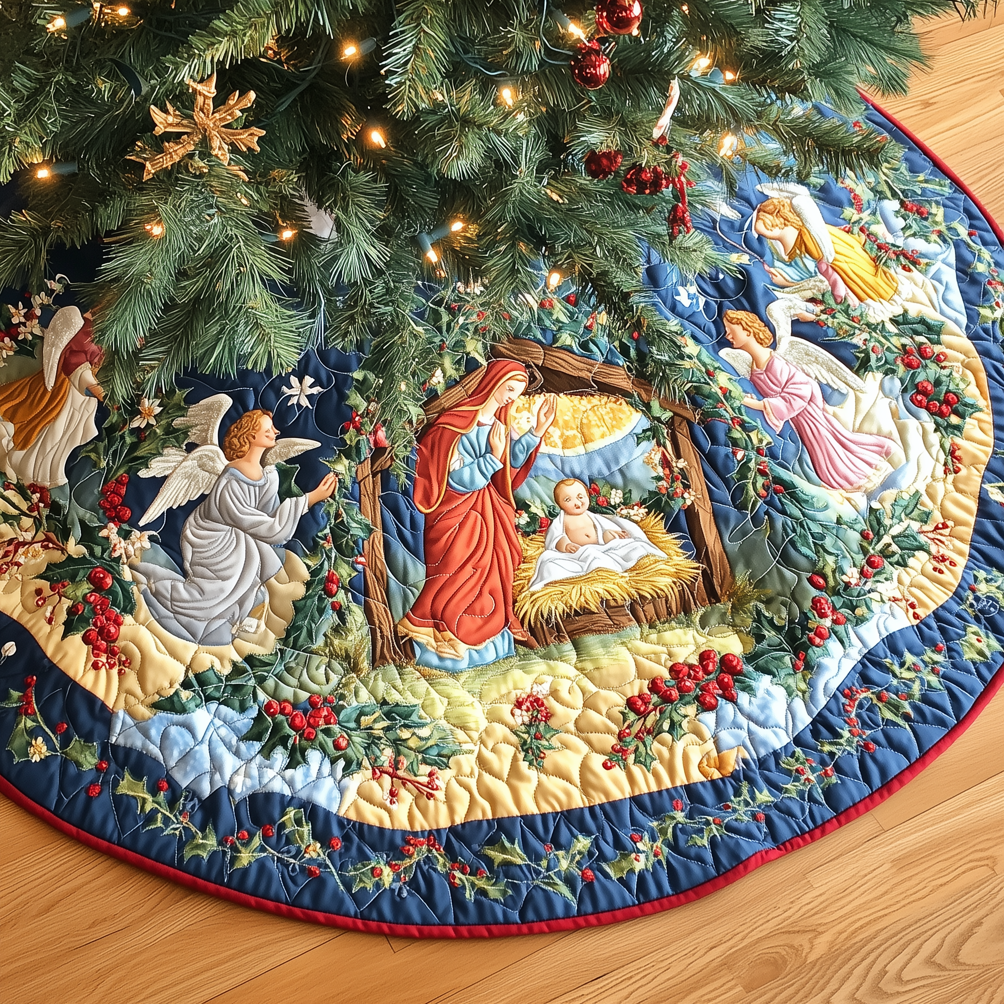 Christ's Arrival Quilted Tree Skirt Indoor Xmas Tree Decorations Nativity Scene Home Decorations