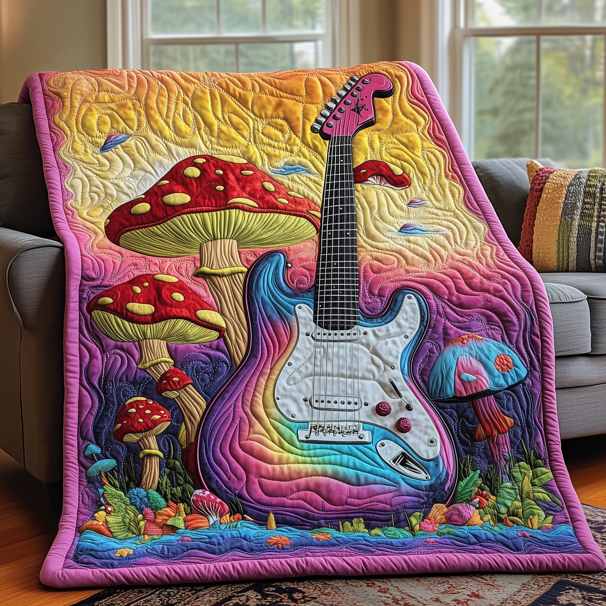 Chromatic Mushrooms Quilted Blanket Sofa Throw BlanketMushroom Presents