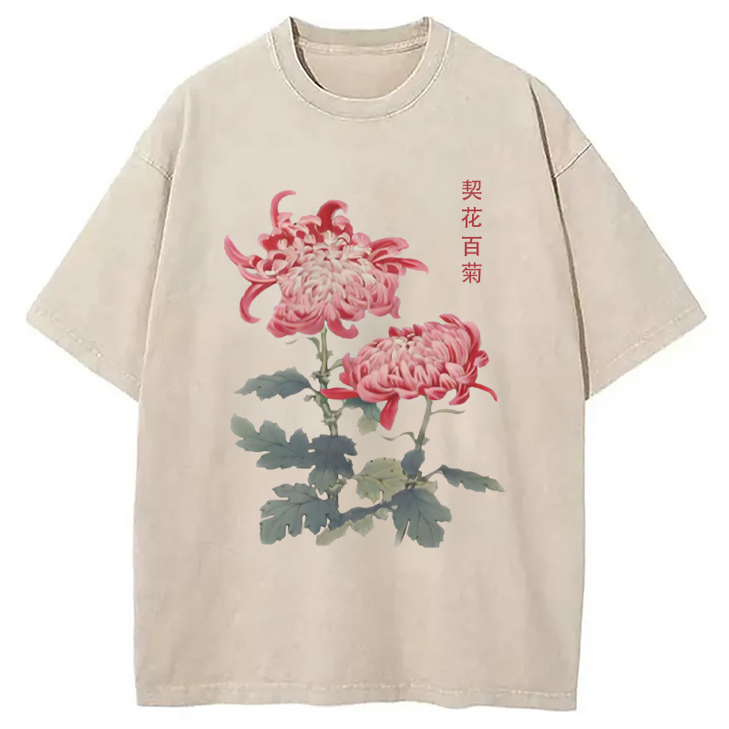 Chrysanthemum Floral Washed T-Shirt Retro Streetwear Graphic Top Gifts For Her