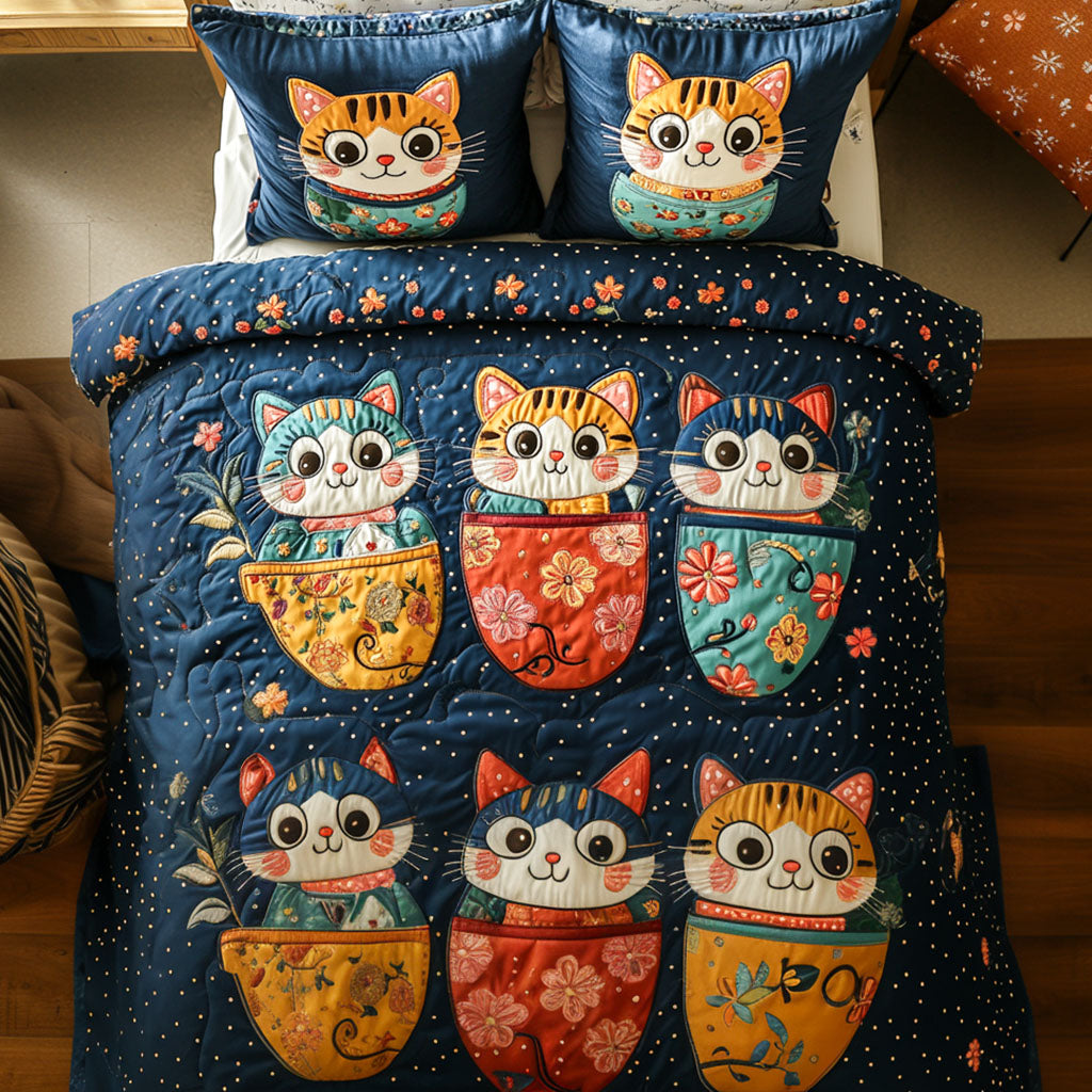 Chubby Mug Kitties Quilted Bedding Set Best Comforter Sets Cat Presents For Cat Lovers