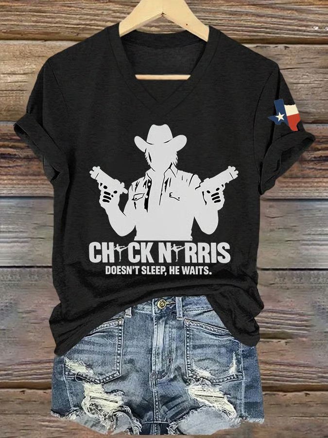 Chuck Norris Doesnt Sleep He Waits V-Neck T Shirts Women Texas Cowboy Legend Fan Gift