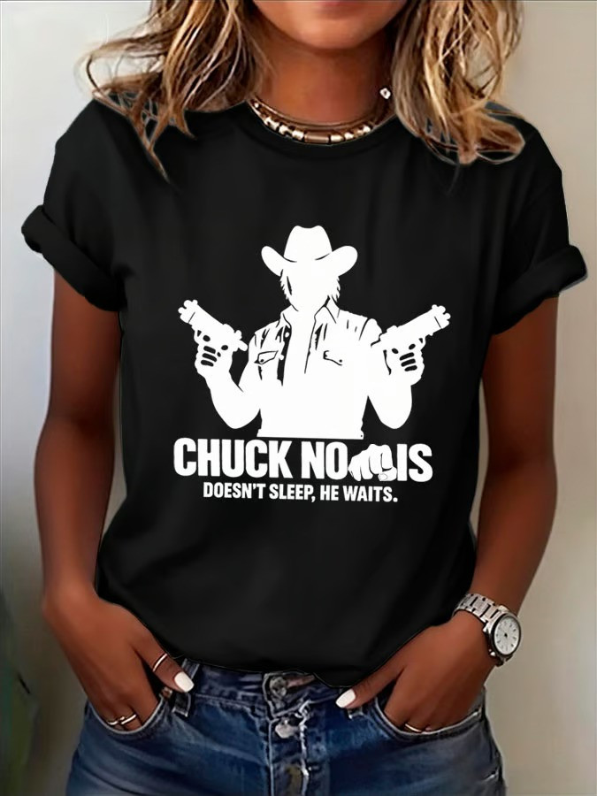 Chuck Norris Doesnt Sleep He Waits Womens Graphic T Shirt Cowboy Remembrance Fan Gift