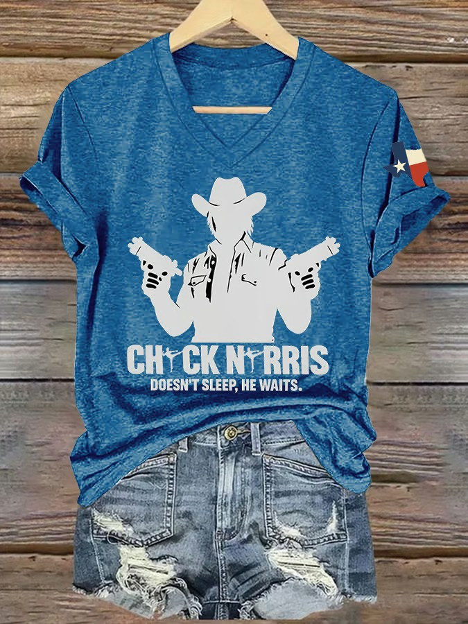 Chuck Norris Doesnt Sleep He Waits Womens V-Neck T Shirt Texas Cowboy Legend Fan Gift