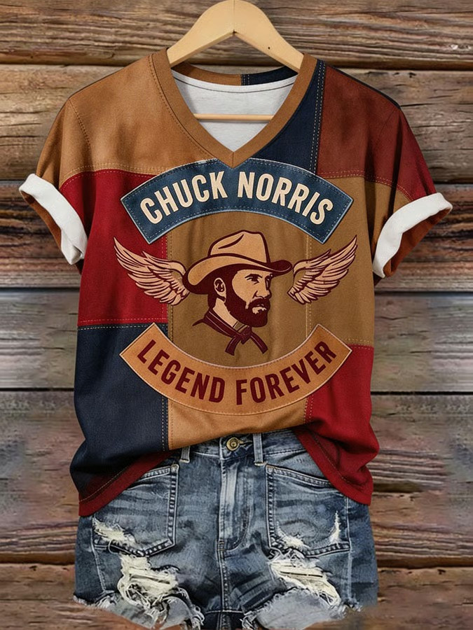Chuck Norris Legend Forever Vintage Graphic V-Neck Tees Women Retro Remembrance Fan Gift Ideas
