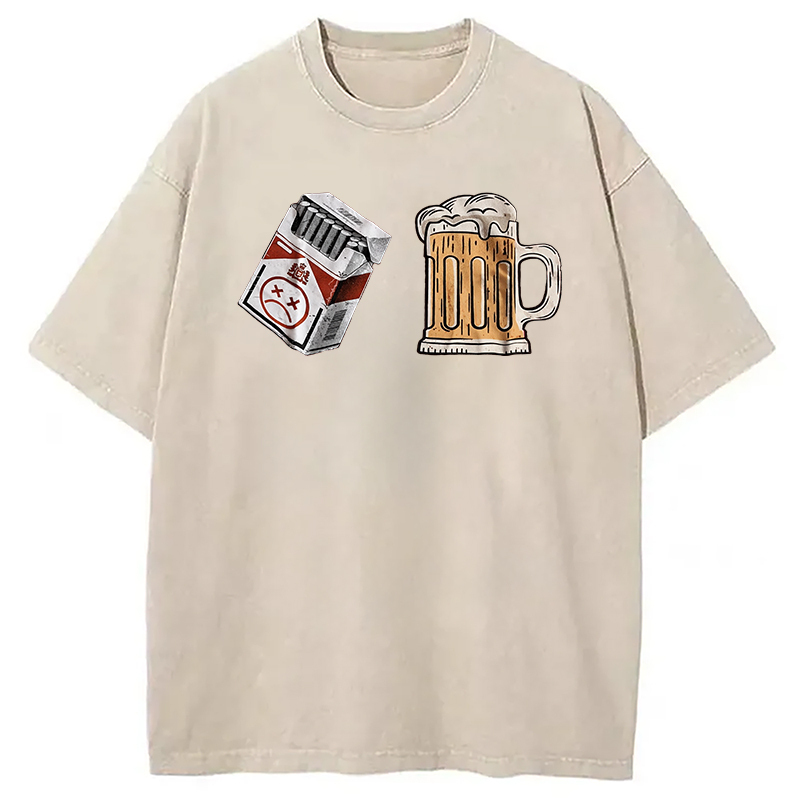 Cigarette and Beer Breakfast Combo Joke Washed T-Shirt Funny Graphic Gift For Friends Gifts For Her