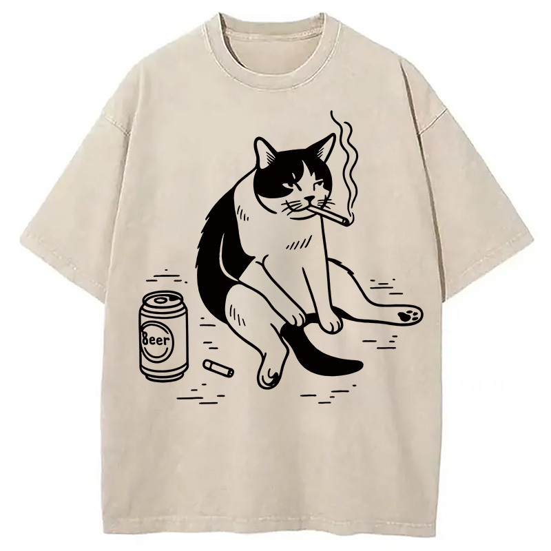 Cigarette Cat Washed T-Shirt Casual Oversized Outfit Style Gifts For Best Friend