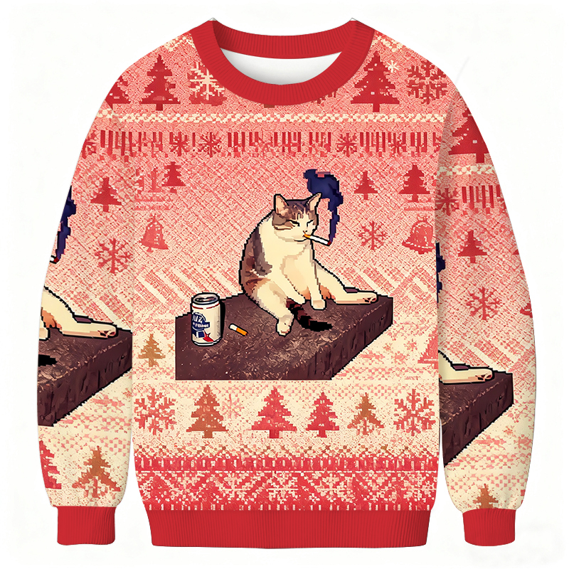 Cigarette Kitten Funny Smoking Cat Meme Christmas Ugly Sweatshirt Holiday Joke Gift Idea