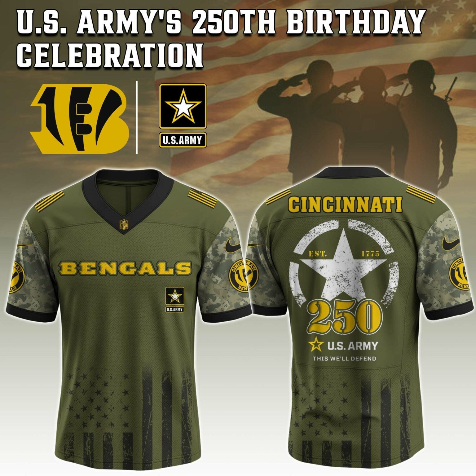 Cincinnati Bengals NFL x 250 US ARMY Jersey Football Fan Gift Ideas