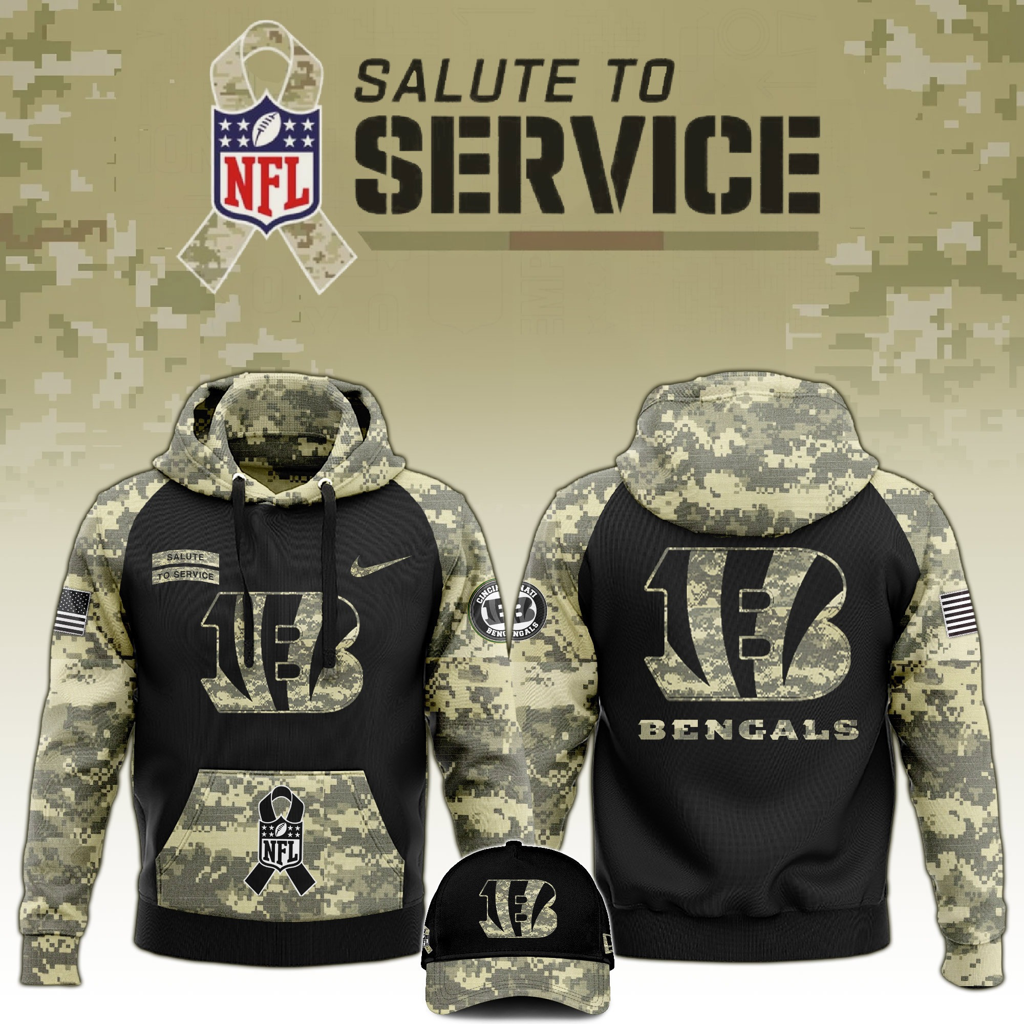 Cincinnati Bengals Salute to Service Club Limited Camo Hoodie And Hat NFL Merch