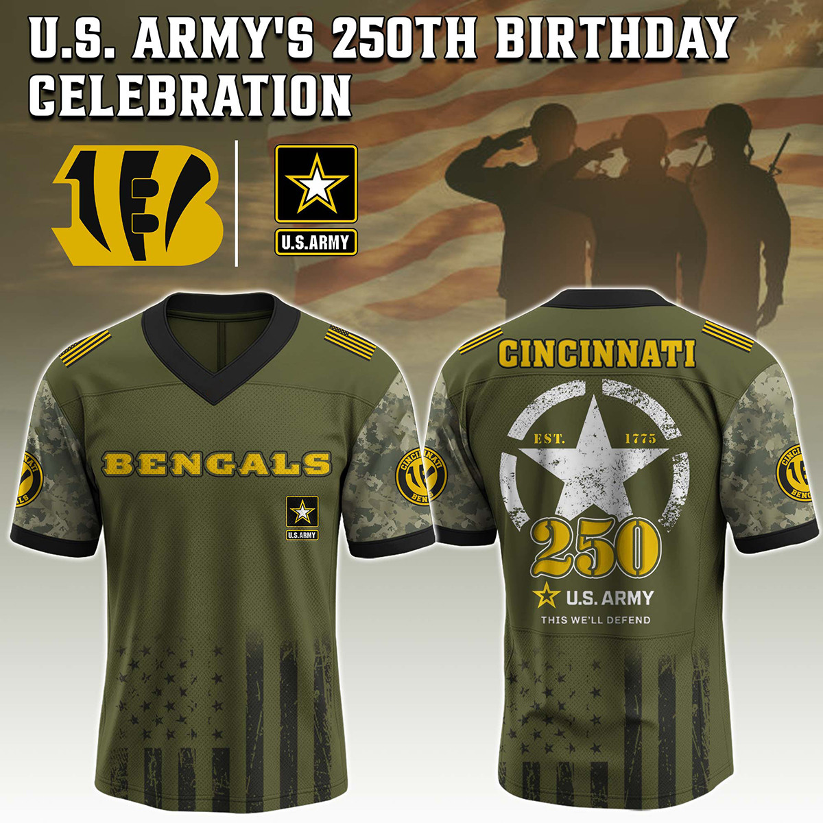 Cincinnati Bengals US Army 250th Anniversary Football Jersey V-Neck Gift For Bengals Faithful