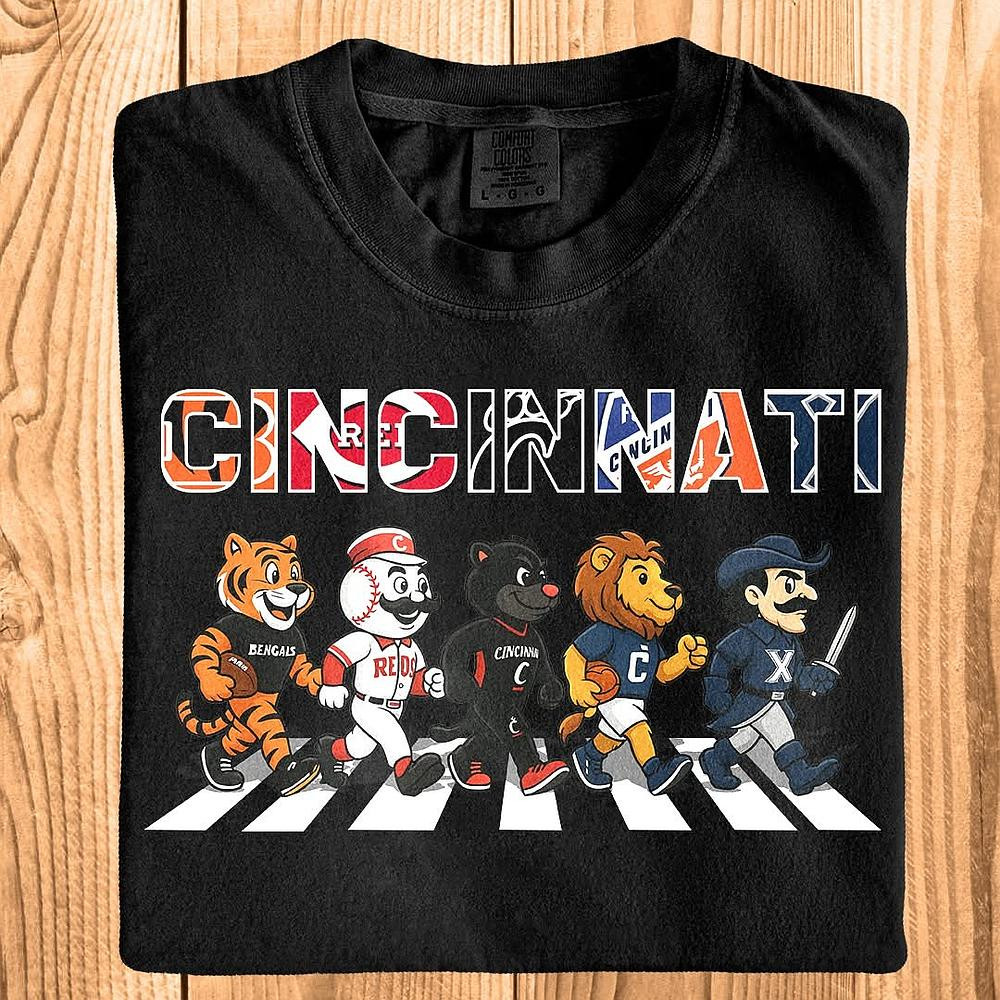Cincinnati Sports Team Logo Mascot Abbey Road T-Shirt