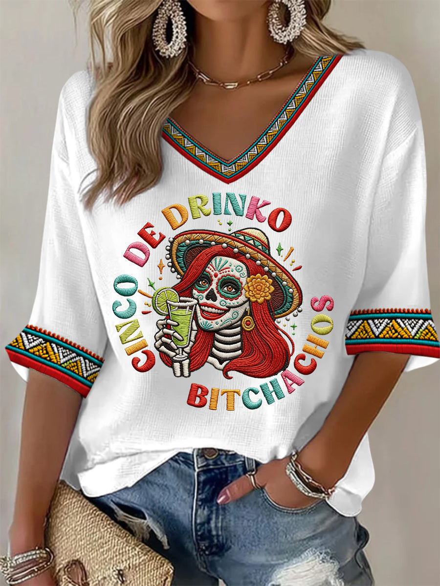 Cinco De Drinko Bitchachos Funny Skeleton V-Neck Raglan Shirt Cinco De Mayo Merch Gifts Ideas