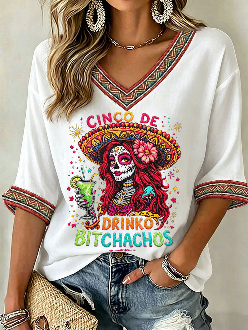Cinco De Drinko Bitchachos Mexican Heritage V-Neck Long Sleeve Shirt Cinco De Mayo 2026 Apparel