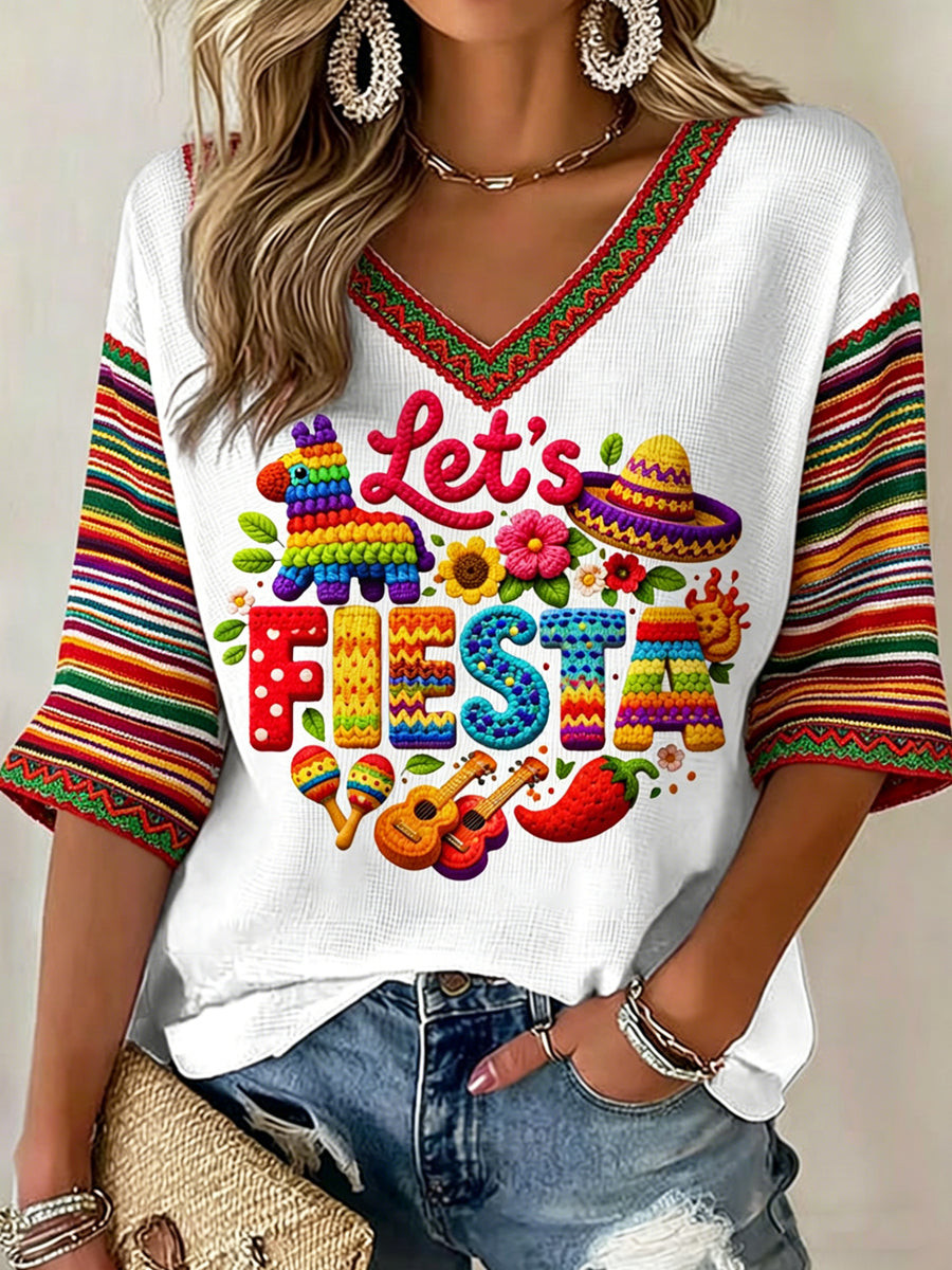Cinco De Drinko V-Neck Raglan Shirt Let's Fiesta Mexican Fiesta Apparel Latina Gift Ideas