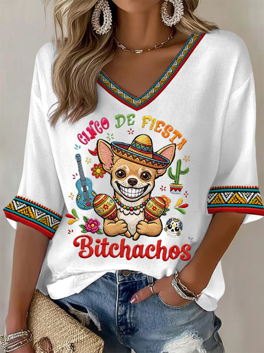 Cinco De Fiesta V-Neck Raglan Shirt Funny Bitchachos Dog Merch Gifts For Holiday