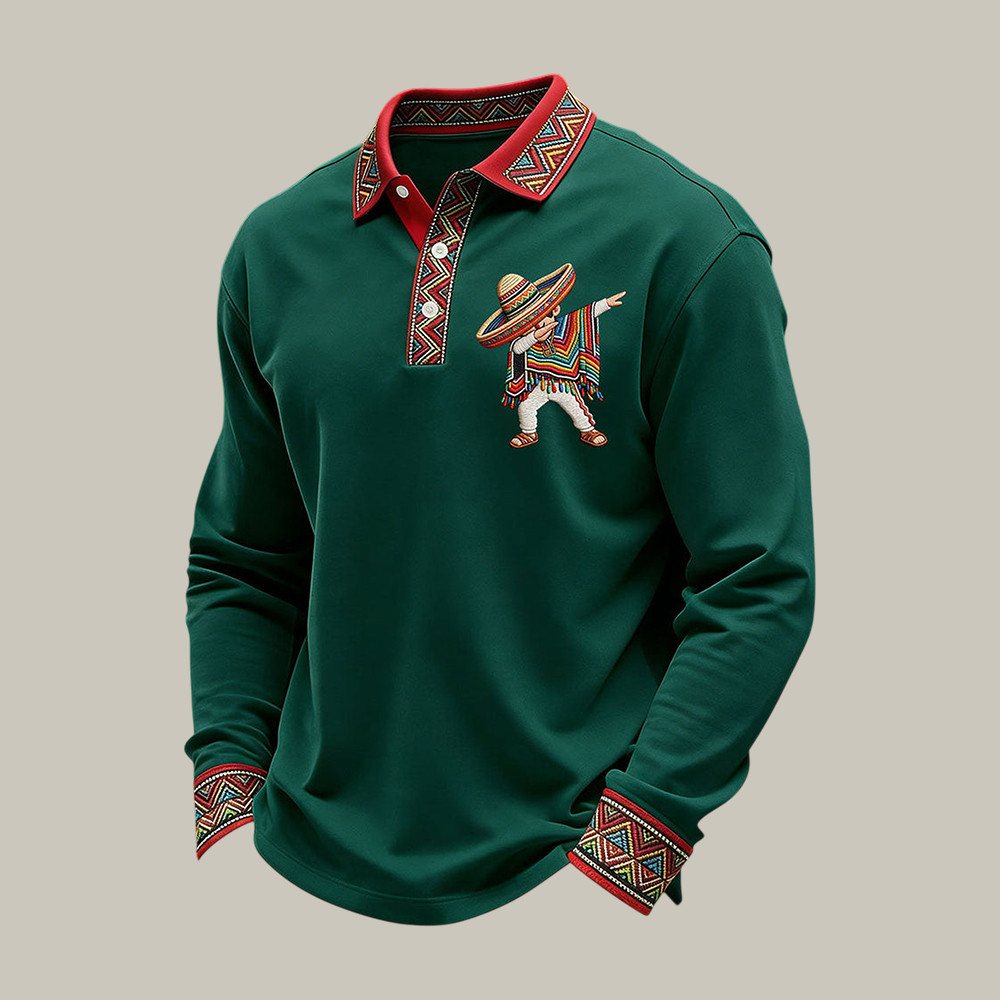 Cinco De Mayo 2026 Polo Long Sleeve Shirt Mexican Boy Dabbing in Poncho Cinco De Mayo Apparel