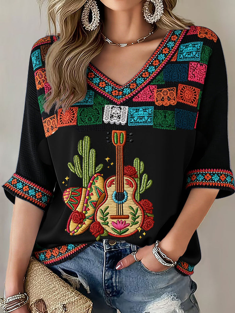 Cinco De Mayo Art Guitar V-Neck Long Sleeve Shirt Cinco De Mayo 2026 Apparel Birthday Gift For Mom