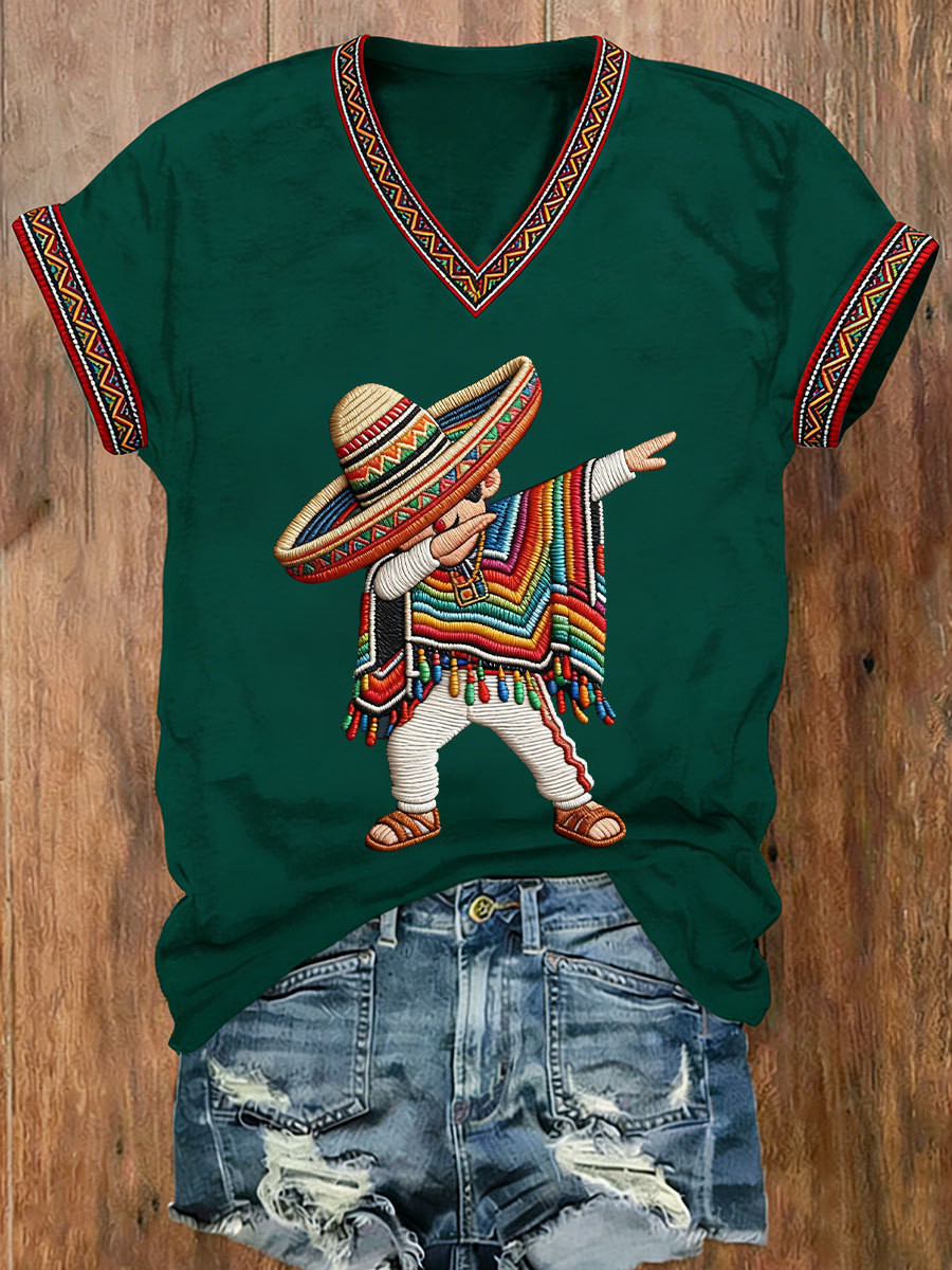 Cinco De Mayo Dabbing Mexican Poncho V-Neck Shirt Funny Sombrero Dance Merch Gift For Her