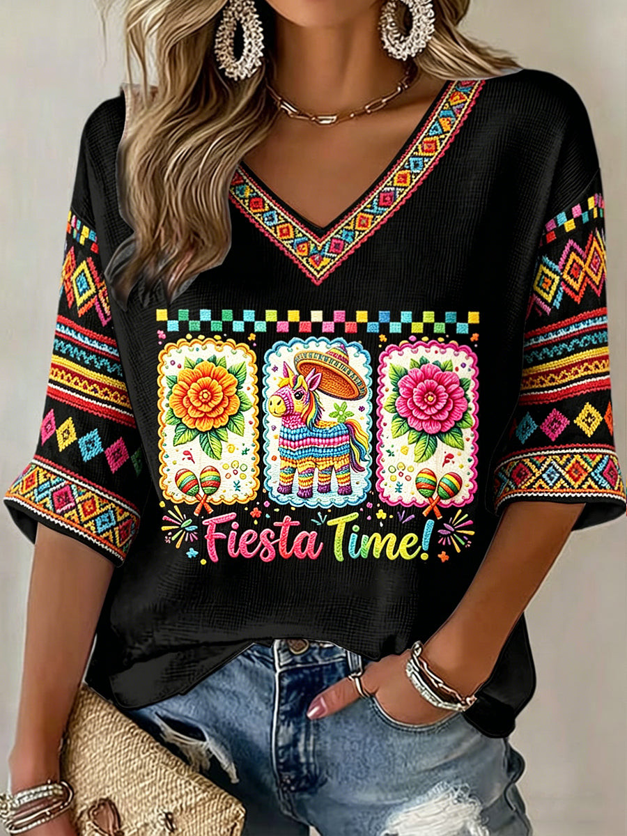 Cinco De Mayo Fiesta Time V-Neck Long Sleeve Shirt Mexican American Culture Apparel Gift For Wife