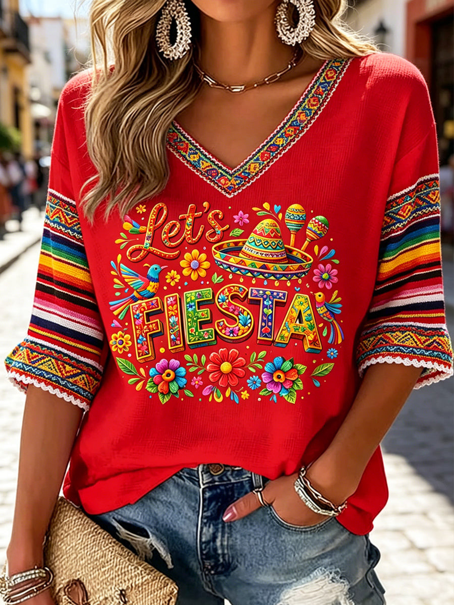 Cinco De Mayo Let's Fiesta V-Neck Long Sleeve Shirt Mexican American Culture Apparel Gift For Wife