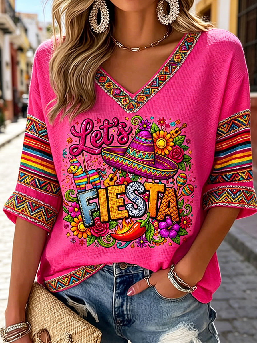 Cinco De Mayo Let's Fiesta V-Neck Long Sleeve Shirt Mexico Festival Merch Gift For Her