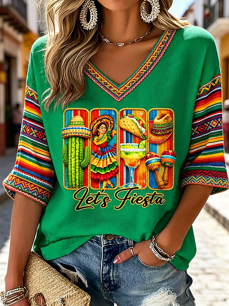 Cinco De Mayo Let's Fiesta V-Neck Raglan Shirt Mexico Festival Clothing Mexican Gift Ideas