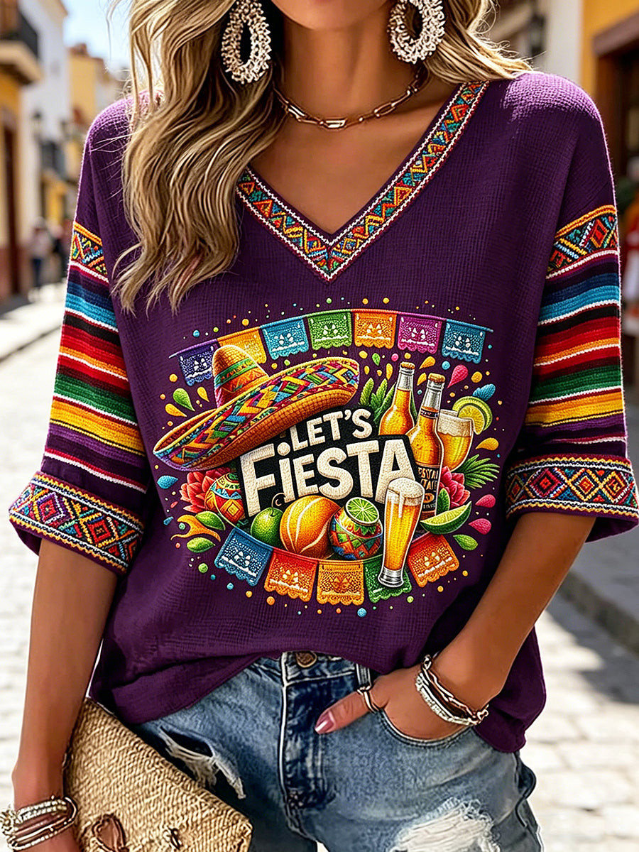 Cinco De Mayo Let's Fiesta V-Neck Raglan Shirt Mexico Festival Merch Gift For Latina