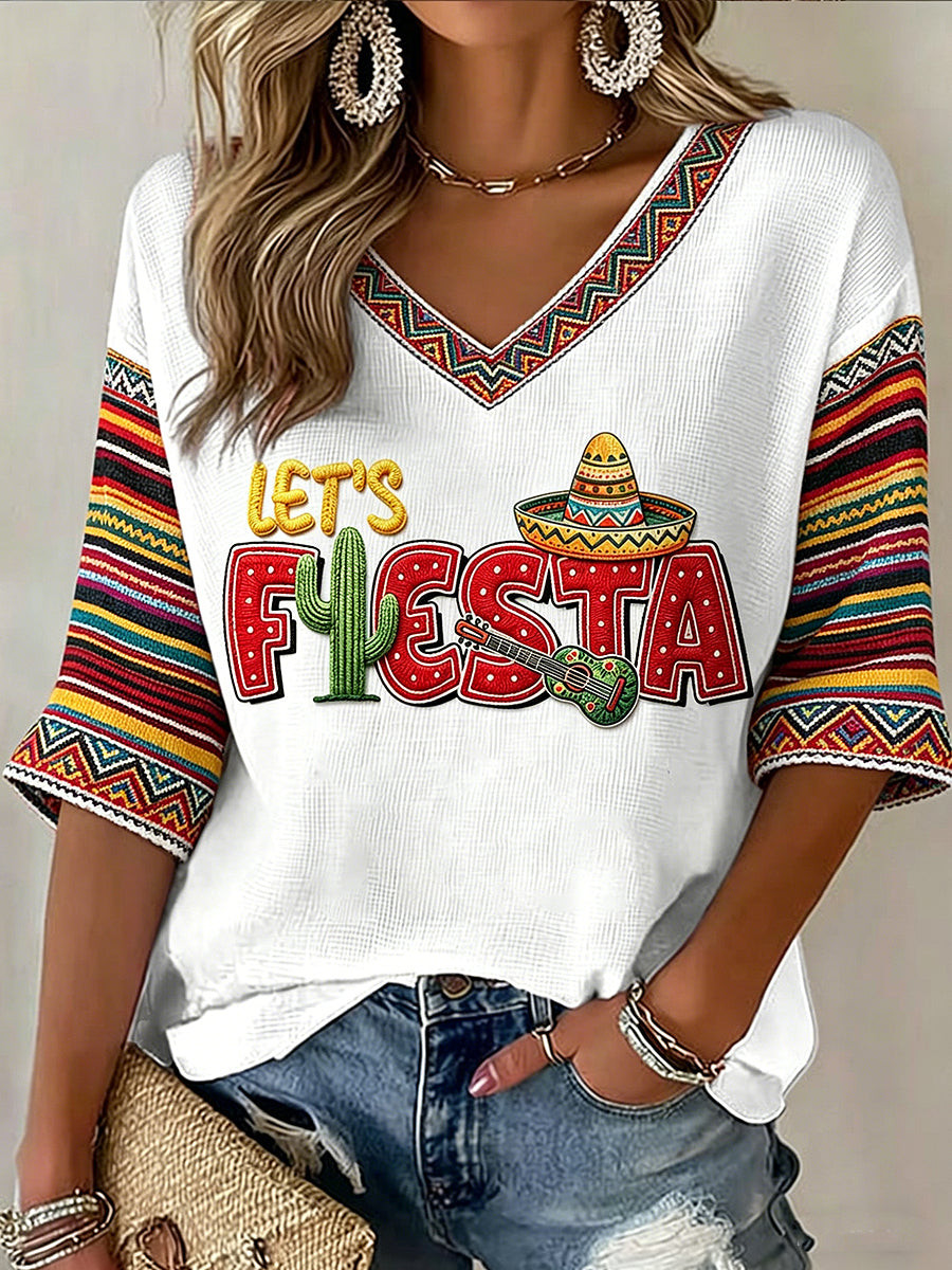 Cinco De Mayo Let's Fiesta V-Neck Raglan Sleeve Shirt Sombrero Cactus Shirt Mexico Festival Merch Gift Ideas