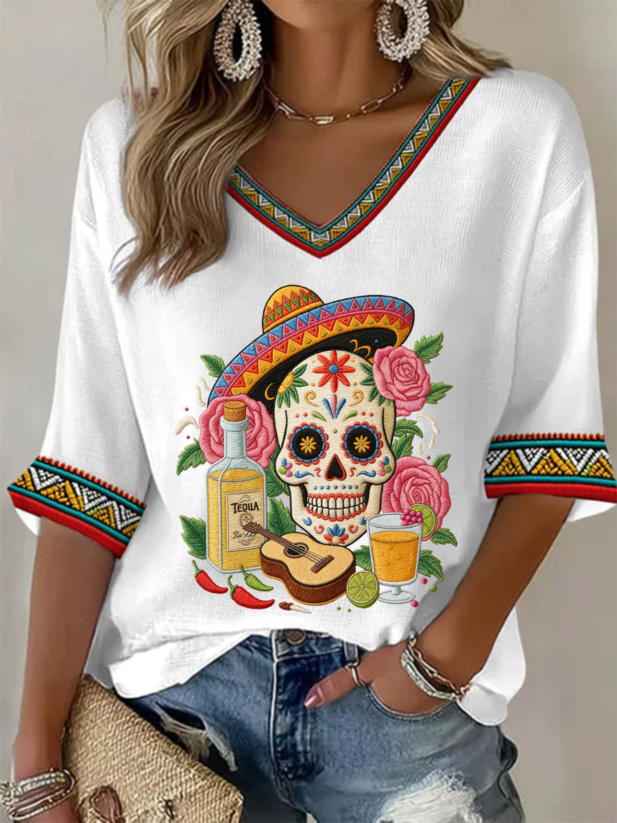 Cinco De Mayo Skeleton Art V-Neck Raglan Shirt Mexico Festival Apparel Cool Gift For Her