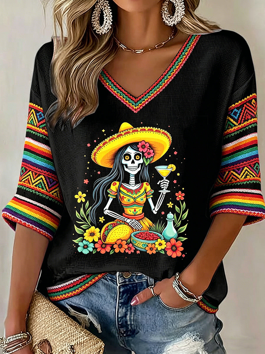 Cinco De Mayo Skeleton Floral V-Neck Long Sleeve Shirt Mexican American Culture Apparel