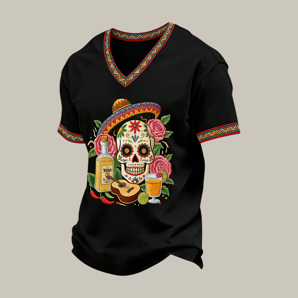 Cinco De Mayo Skeleton Floral V-Neck Shirt Cinco De Mayo 2026 Clothes Present For Husband