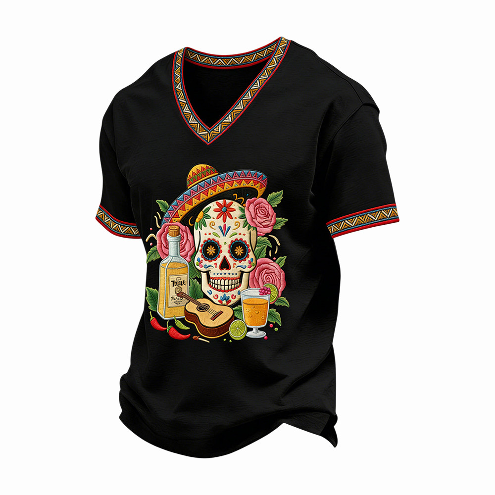 Cinco De Mayo Skeleton Graphic V-Neck Shirt Mexican American Culture Merch Great Gift For Brothers