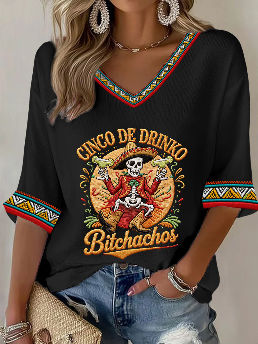 Cinco De Mayo Skeleton V-Neck Long Sleeve Shirt Cinco De Mayo Parade Clothing Mother's Day Gift