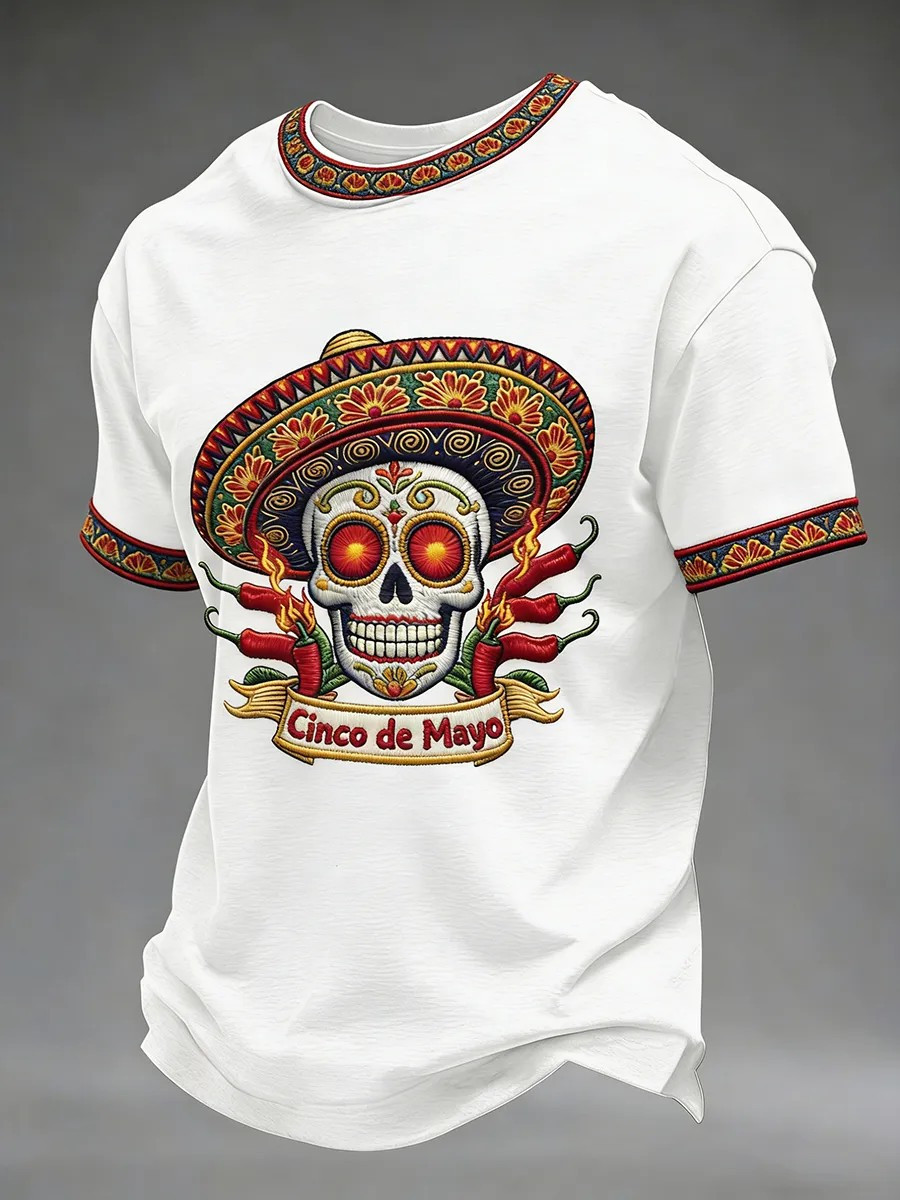 Cinco de Mayo Sugar Skull T-Shirt Sombrero Chili Peppers Clothing Gift For Mexico Fans