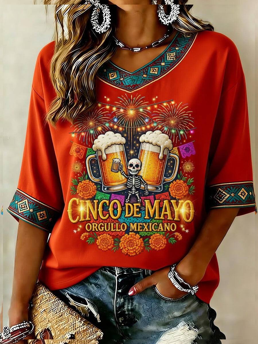 Cinco De Mayo V-Neck Long Sleeve Shirt Mexican American Culture Merch Mexican Gift