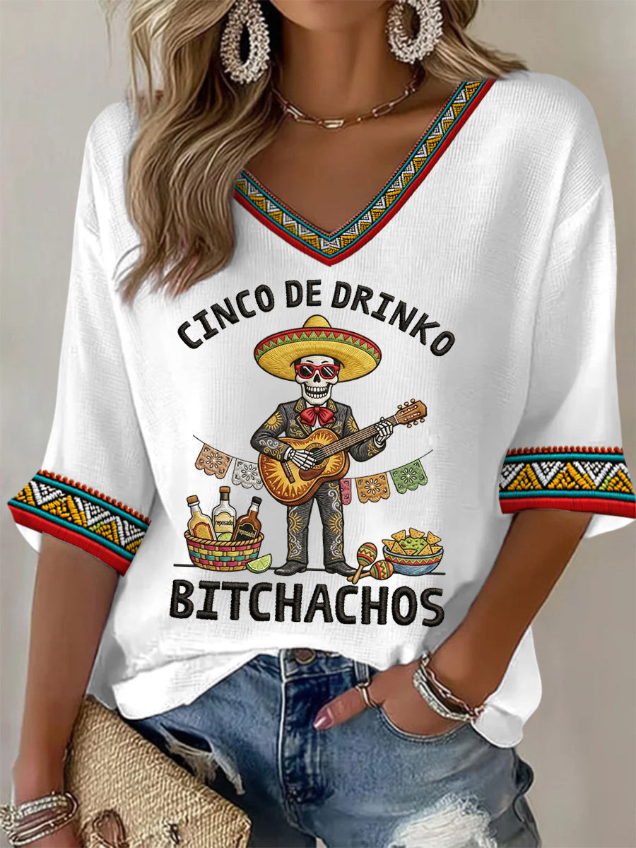 Cinco De Mayo V-Neck Raglan Shirt Skeleton Cinco De Drinko Bitchachos Apparel Gifts For Her