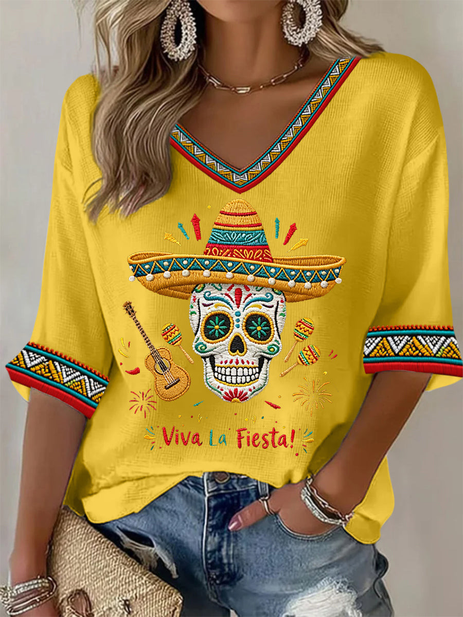 Cinco De Mayo V-Neck Raglan Shirt Sugar Skull Viva La Fiesta Apparel Gifts For Latina