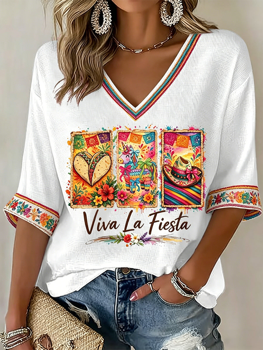 Cinco De Mayo Viva La Fiesta V-Neck Long Sleeve Shirt Mexico Festival Clothing Gift For Her